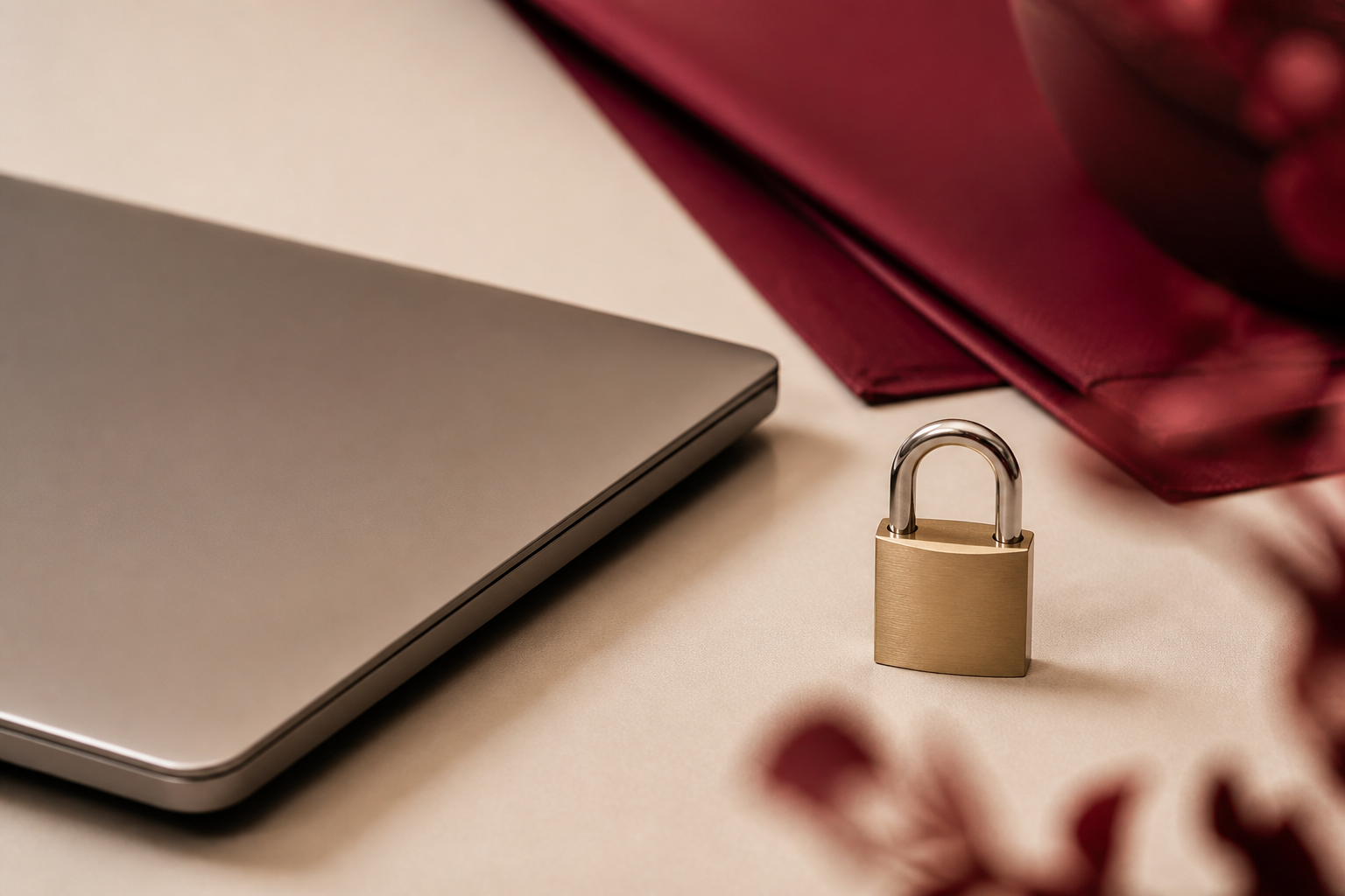 Laptop and lock on a desk, representing how Socilbucket protects customer information